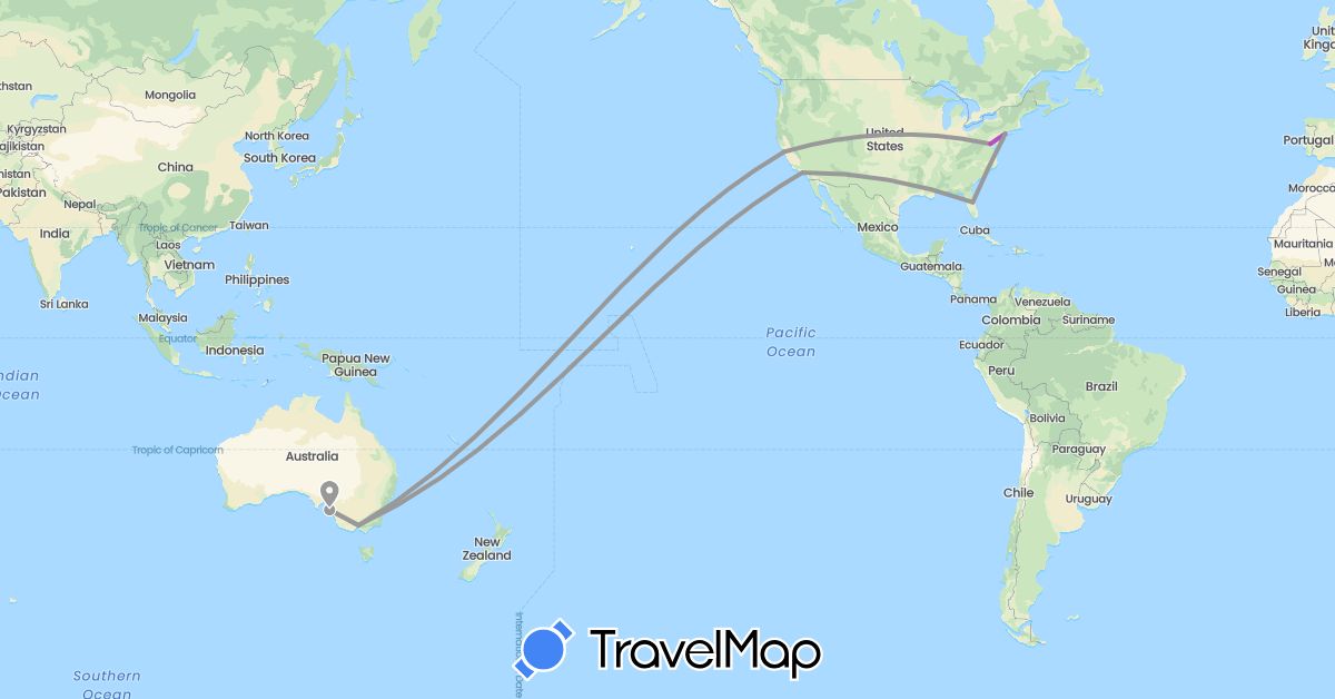 TravelMap itinerary: plane, train in Australia, United States (North America, Oceania)